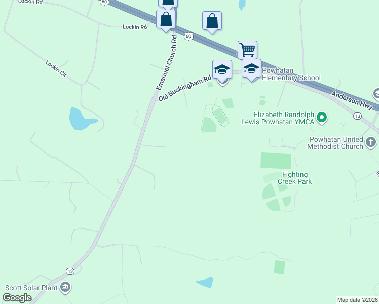 map of restaurants, bars, coffee shops, grocery stores, and more near 4209 Old Buckingham Road in Powhatan