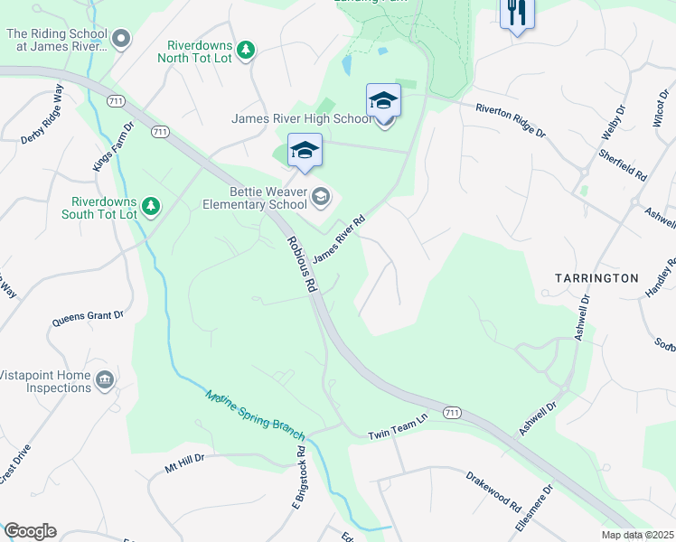 map of restaurants, bars, coffee shops, grocery stores, and more near 13630 Robious Road in Midlothian