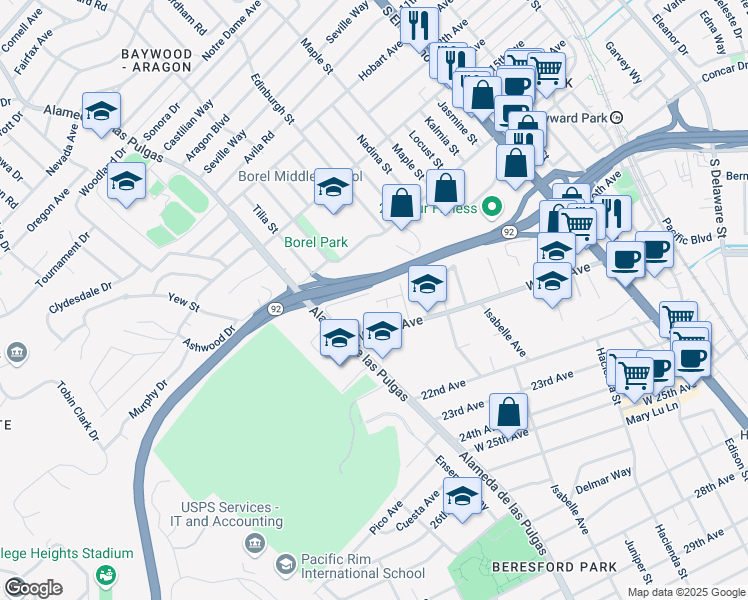 map of restaurants, bars, coffee shops, grocery stores, and more near 1919 Alameda de las Pulgas in San Mateo