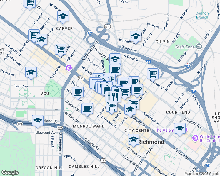 map of restaurants, bars, coffee shops, grocery stores, and more near North Adams Street & West Marshall Street in Richmond