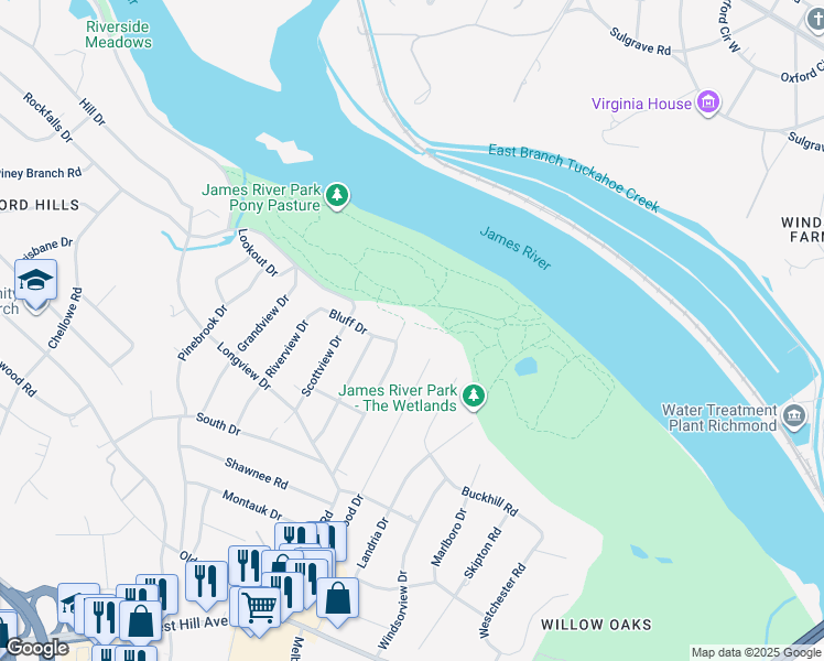 map of restaurants, bars, coffee shops, grocery stores, and more near 3515 Warner Road in Richmond