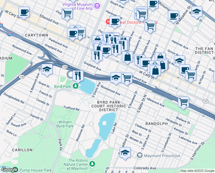 map of restaurants, bars, coffee shops, grocery stores, and more near 2400 Rosewood Avenue in Richmond