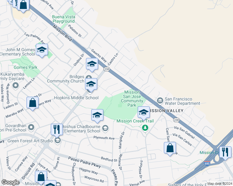 map of restaurants, bars, coffee shops, grocery stores, and more near 266 Saint Phillip Court in Fremont