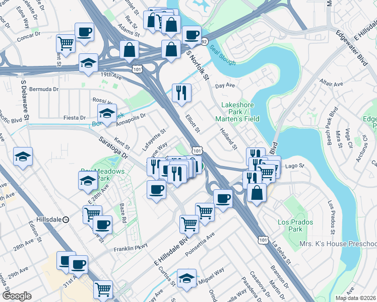 map of restaurants, bars, coffee shops, grocery stores, and more near 1373 Wayne Way in San Mateo