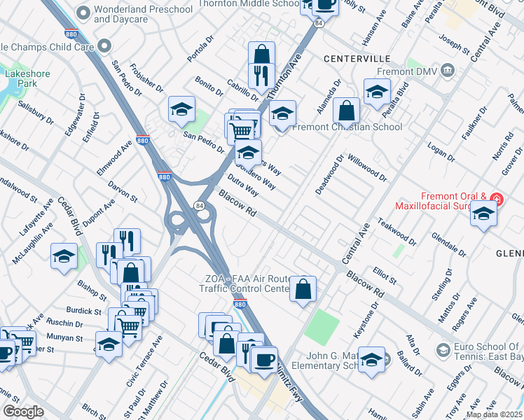 map of restaurants, bars, coffee shops, grocery stores, and more near 37209 Alexander Street in Fremont