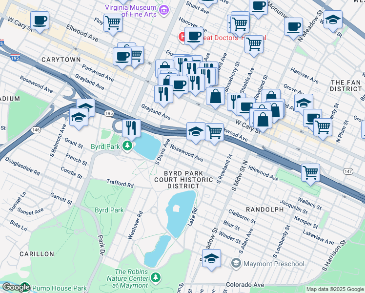 map of restaurants, bars, coffee shops, grocery stores, and more near 2400 Rosewood Avenue in Richmond
