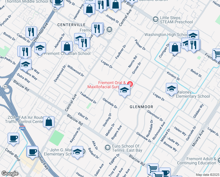 map of restaurants, bars, coffee shops, grocery stores, and more near 37923 Glenmoor Drive in Fremont