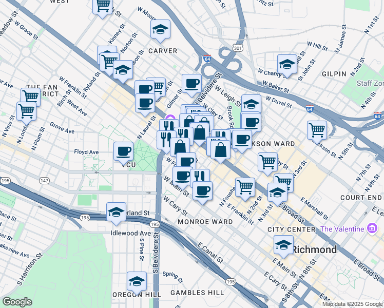 map of restaurants, bars, coffee shops, grocery stores, and more near 321 West Grace Street in Richmond