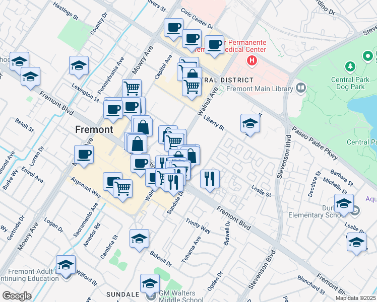 map of restaurants, bars, coffee shops, grocery stores, and more near 3800 Walnut Avenue in Fremont