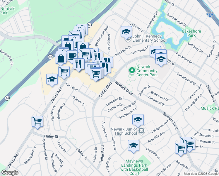 map of restaurants, bars, coffee shops, grocery stores, and more near 6054 Cedar Boulevard in Newark
