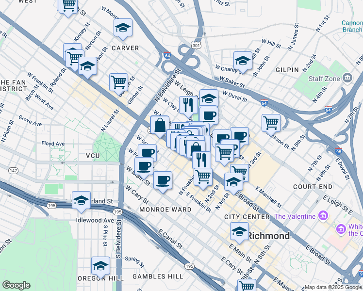 map of restaurants, bars, coffee shops, grocery stores, and more near 308 North Adams Street in Richmond