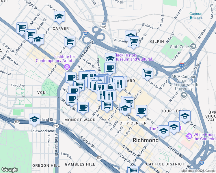 map of restaurants, bars, coffee shops, grocery stores, and more near 20 West Marshall Street in Richmond