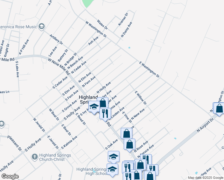 map of restaurants, bars, coffee shops, grocery stores, and more near 107 North Ivy Avenue in Henrico