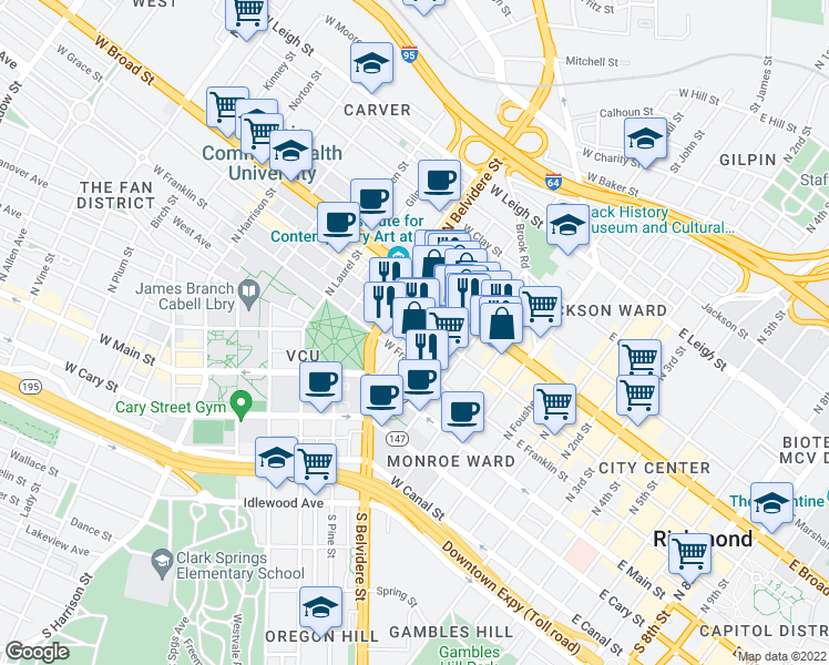 map of restaurants, bars, coffee shops, grocery stores, and more near 321 West Grace Street in Richmond