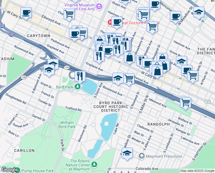map of restaurants, bars, coffee shops, grocery stores, and more near 2408 Rosewood Avenue in Richmond