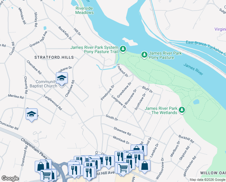 map of restaurants, bars, coffee shops, grocery stores, and more near 3404 Grandview Drive in Richmond