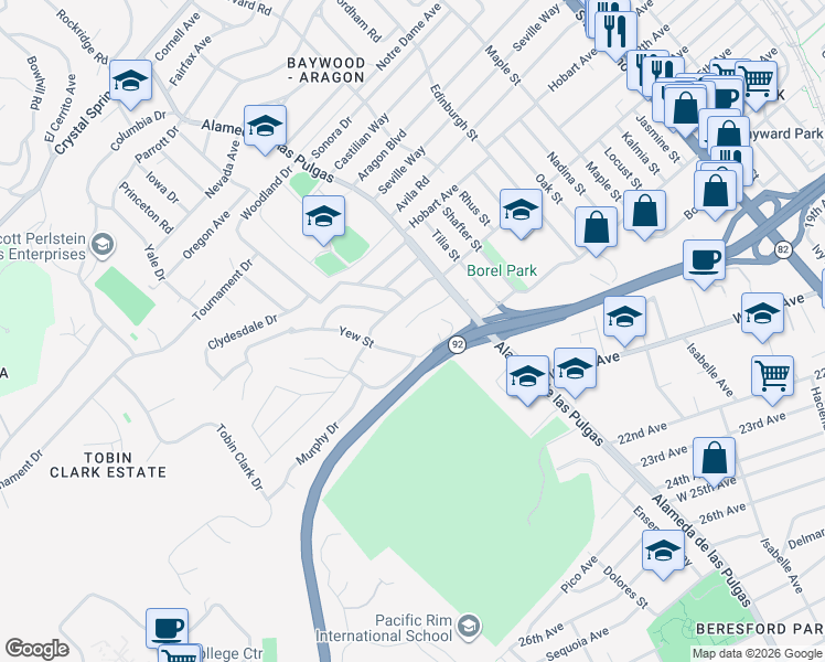 map of restaurants, bars, coffee shops, grocery stores, and more near 641 Caribbean Way in San Mateo