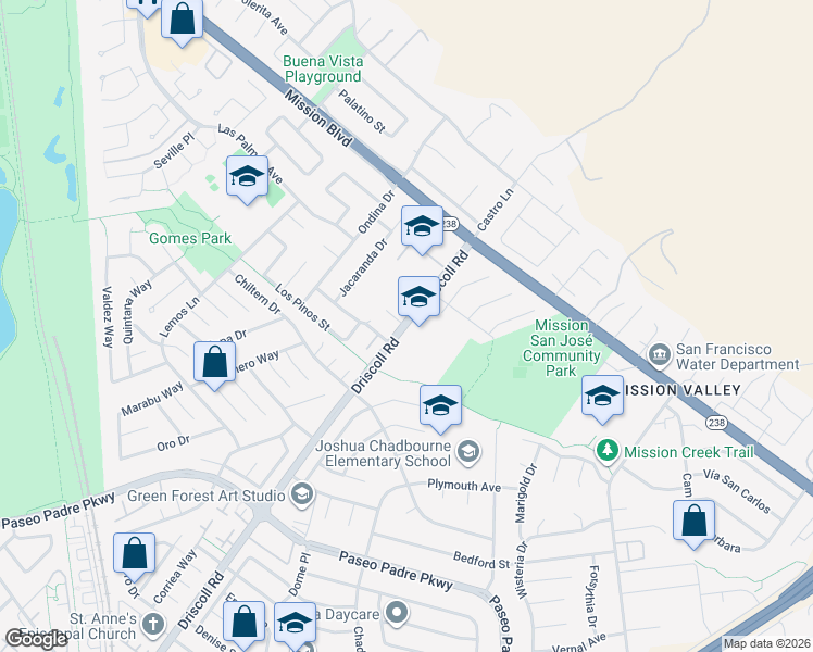 map of restaurants, bars, coffee shops, grocery stores, and more near 754 Driscoll Road in Fremont