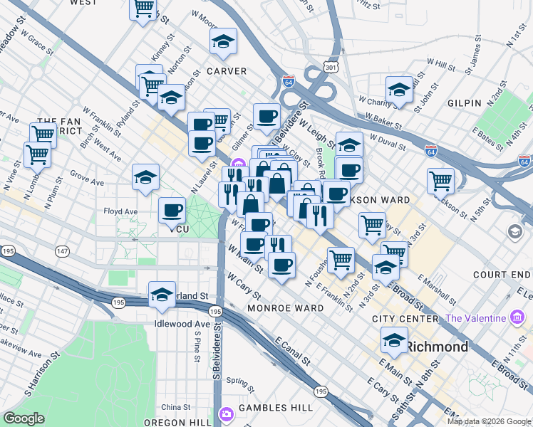 map of restaurants, bars, coffee shops, grocery stores, and more near 321 West Grace Street in Richmond