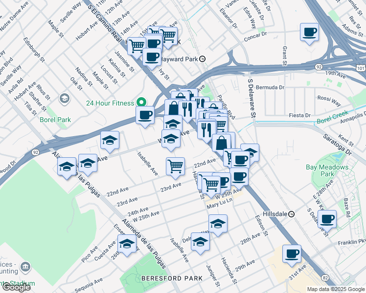map of restaurants, bars, coffee shops, grocery stores, and more near 35 West 20th Avenue in San Mateo