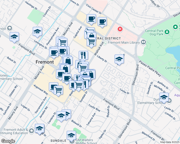 map of restaurants, bars, coffee shops, grocery stores, and more near 39001 Sundale Drive in Fremont