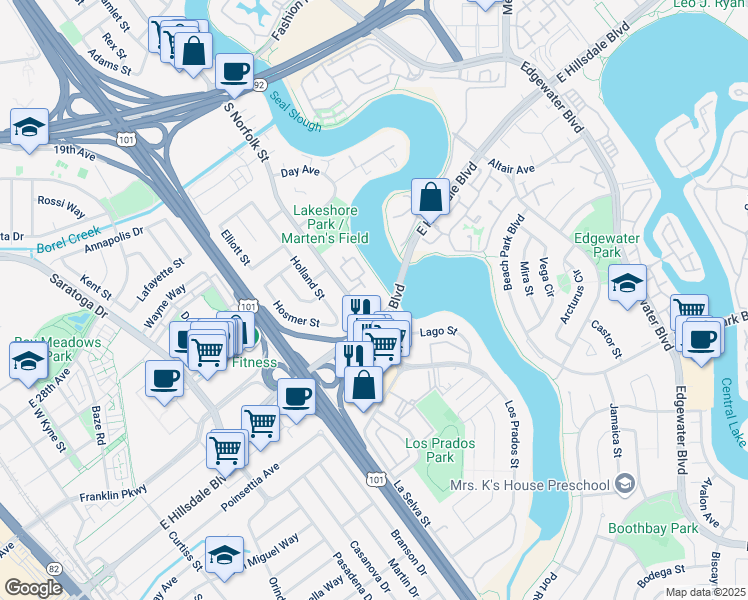 map of restaurants, bars, coffee shops, grocery stores, and more near in San Mateo