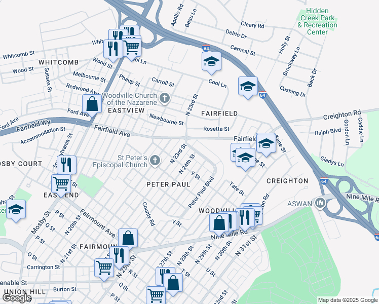 map of restaurants, bars, coffee shops, grocery stores, and more near 1907 North 24th Street in Richmond