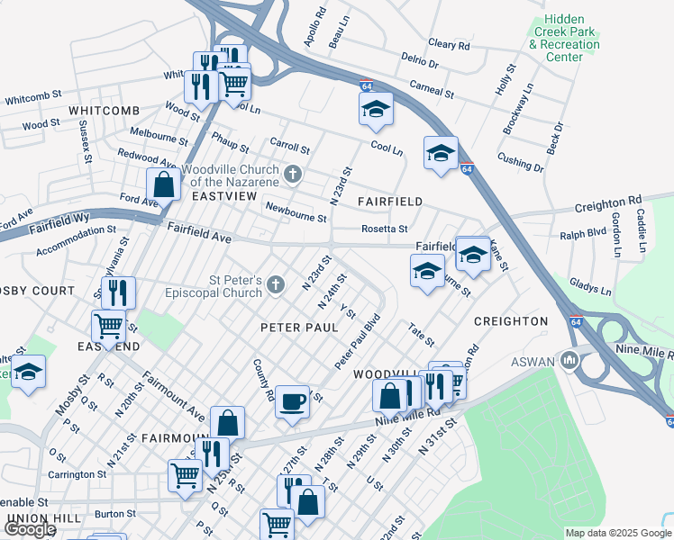 map of restaurants, bars, coffee shops, grocery stores, and more near 1907 North 24th Street in Richmond