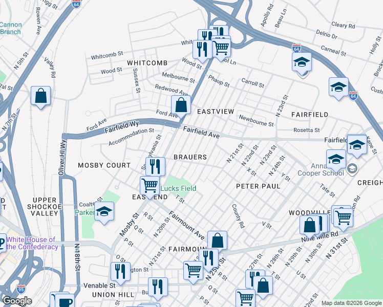 map of restaurants, bars, coffee shops, grocery stores, and more near 1500 North 19th Street in Richmond