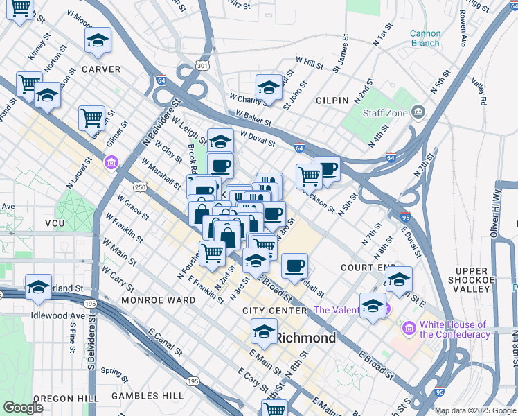 map of restaurants, bars, coffee shops, grocery stores, and more near 107 East Clay Street in Richmond