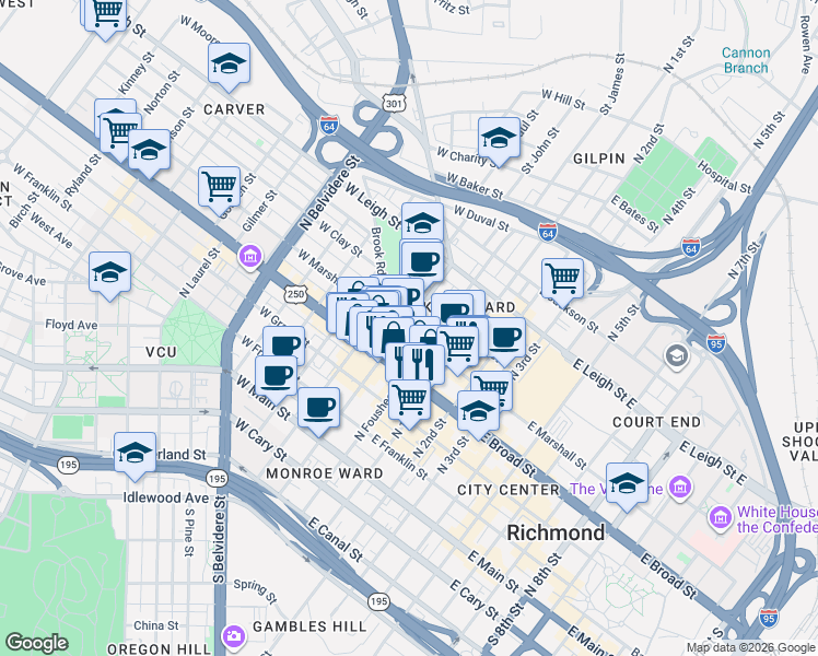 map of restaurants, bars, coffee shops, grocery stores, and more near 11 West Marshall Street in Richmond