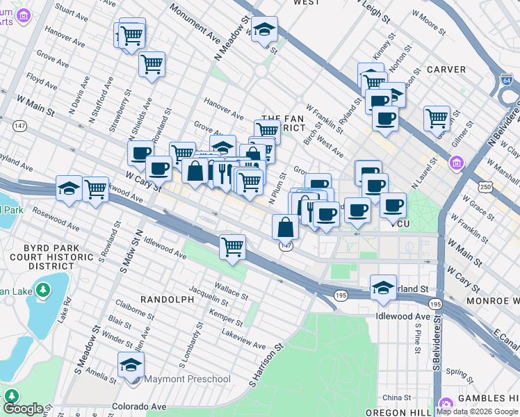 map of restaurants, bars, coffee shops, grocery stores, and more near 20 South Plum Street in Richmond