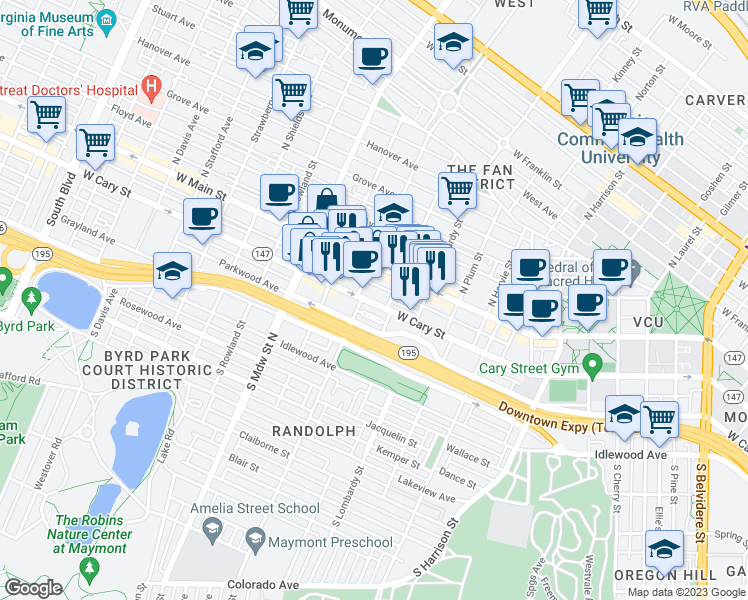 map of restaurants, bars, coffee shops, grocery stores, and more near in Richmond