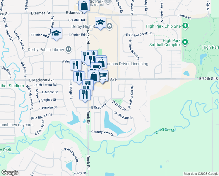 map of restaurants, bars, coffee shops, grocery stores, and more near 314 North Zachary Drive in Derby