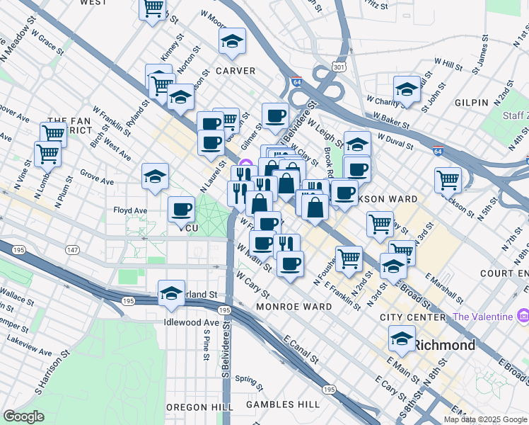 map of restaurants, bars, coffee shops, grocery stores, and more near 321 West Grace Street in Richmond