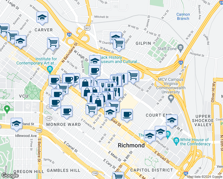 map of restaurants, bars, coffee shops, grocery stores, and more near 107 East Clay Street in Richmond