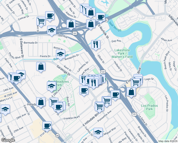 map of restaurants, bars, coffee shops, grocery stores, and more near 1115 Yates Way in San Mateo