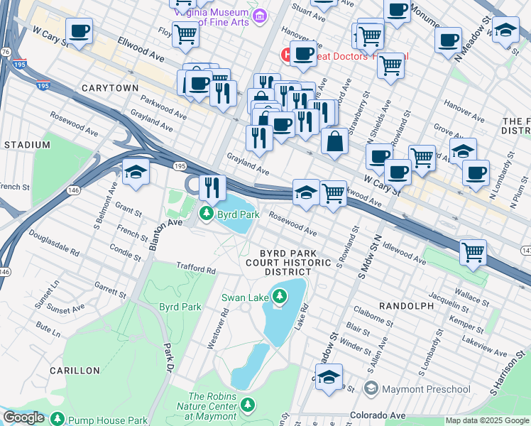 map of restaurants, bars, coffee shops, grocery stores, and more near 507 South Davis Avenue in Richmond