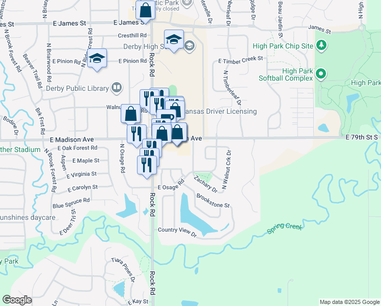 map of restaurants, bars, coffee shops, grocery stores, and more near 314 North Zachary Drive in Derby