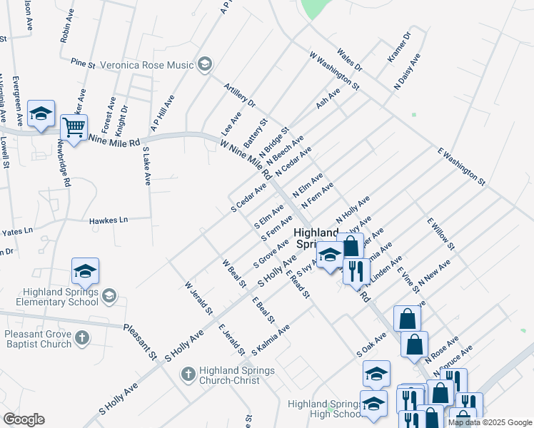 map of restaurants, bars, coffee shops, grocery stores, and more near 12 South Elm Avenue in Highland Springs