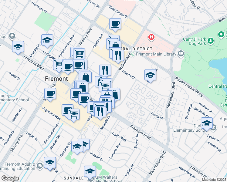 map of restaurants, bars, coffee shops, grocery stores, and more near 3800 Walnut Avenue in Fremont