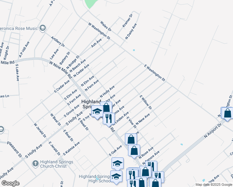 map of restaurants, bars, coffee shops, grocery stores, and more near 108 North Ivy Avenue in Henrico