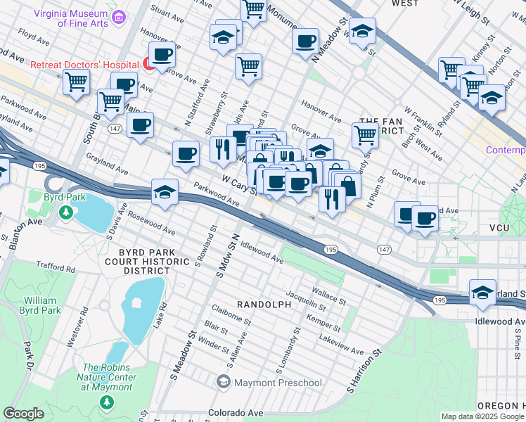 map of restaurants, bars, coffee shops, grocery stores, and more near 1906 Parkwood Avenue in Richmond