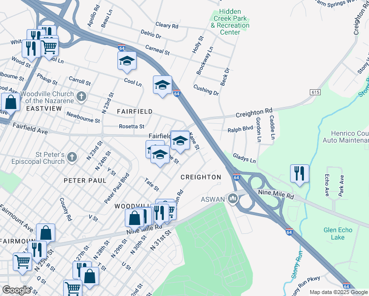 map of restaurants, bars, coffee shops, grocery stores, and more near 2203 North 28th Street in Richmond