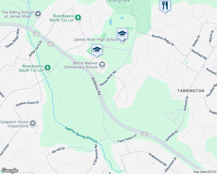 map of restaurants, bars, coffee shops, grocery stores, and more near 13630 Robious Road in Midlothian