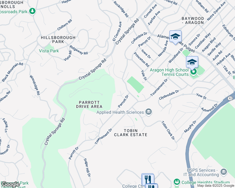 map of restaurants, bars, coffee shops, grocery stores, and more near 30 Melrose Court in Hillsborough