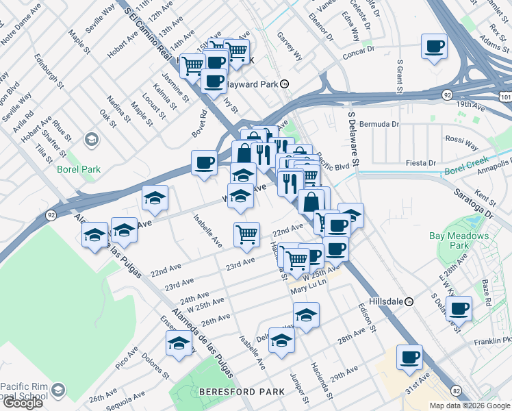 map of restaurants, bars, coffee shops, grocery stores, and more near 35 West 20th Avenue in San Mateo