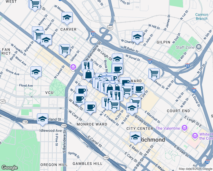map of restaurants, bars, coffee shops, grocery stores, and more near 111 West Marshall Street in Richmond