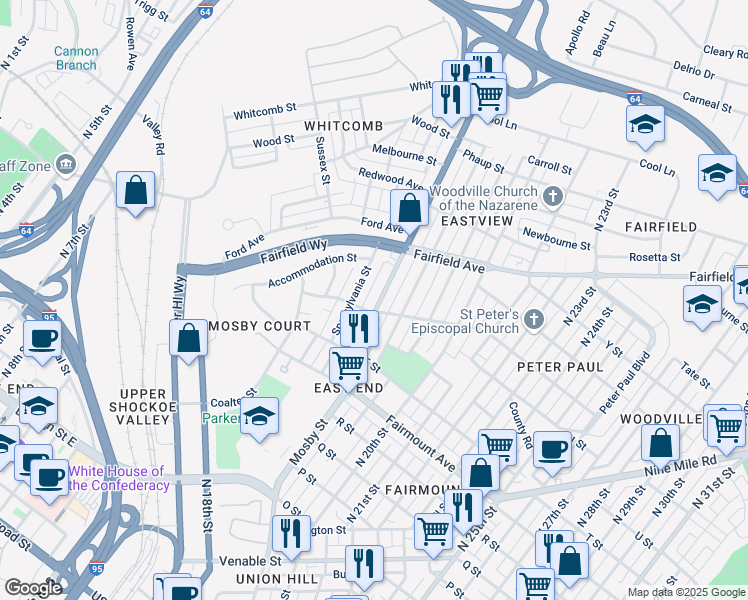 map of restaurants, bars, coffee shops, grocery stores, and more near 1504 Mechanicsville Turnpike in Richmond