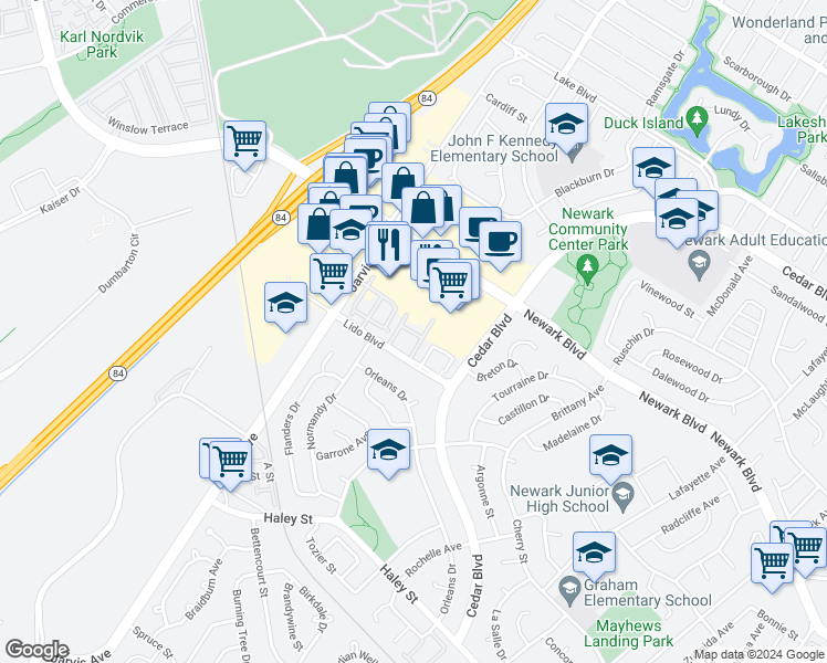 map of restaurants, bars, coffee shops, grocery stores, and more near 35175 Lido Boulevard in Newark